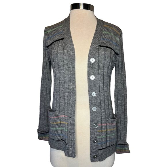 Kenny Classics VTG Women Cardigan Size 14 Long Sleeve Button Grey stripes pocket - Picture 1 of 8